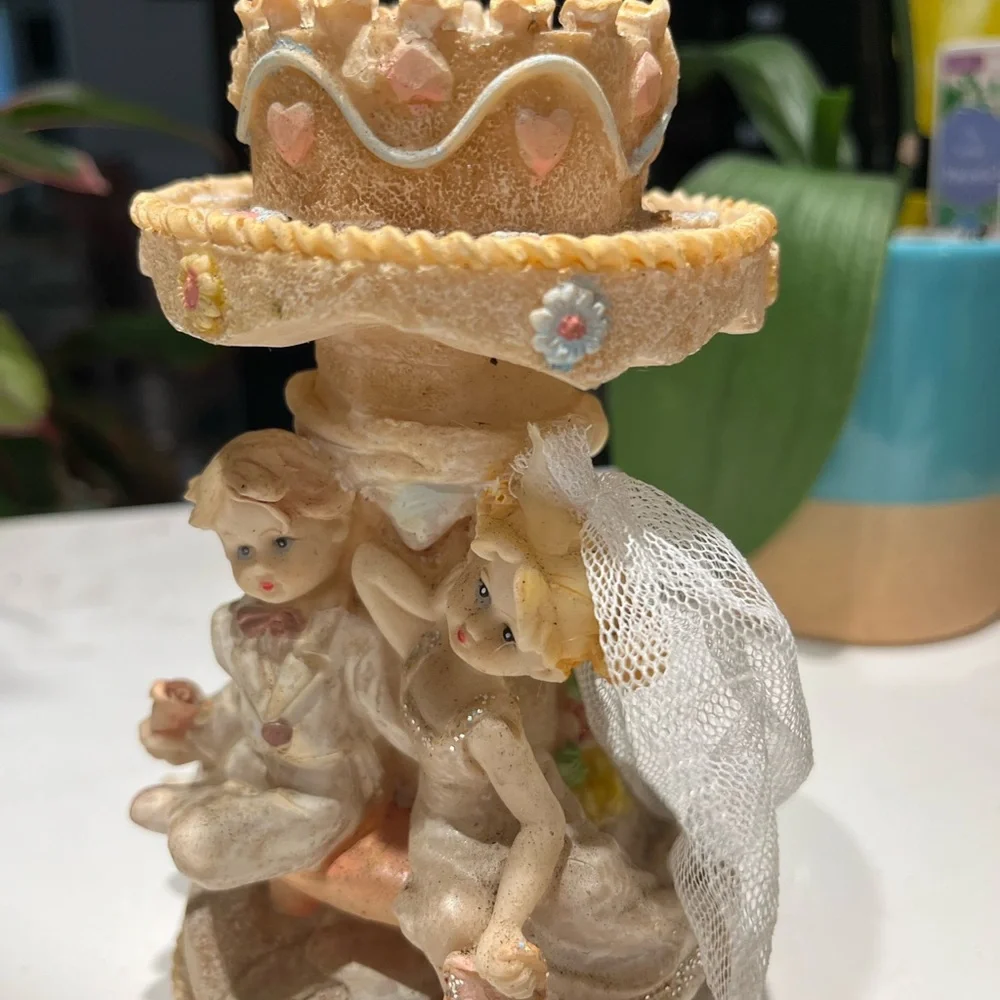 Vintage bride & groom 6” cake topper. Bride has veil & Shimmery dress, groom